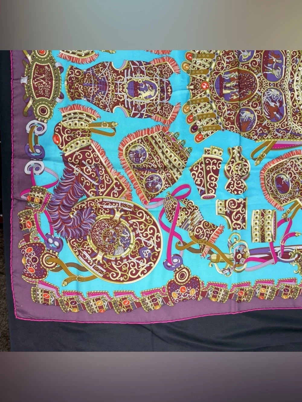 Hermes Silk Scarf Sous Le Gide De Mars Armor Purple Teal Gold Authentic - Picture 2 of 12